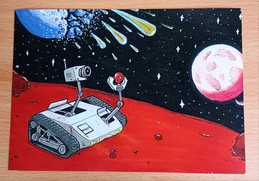 A5 Print of a Mars exploration robot looking intently at a small rock while a planet explodes in the background raining down a shower of meteors.