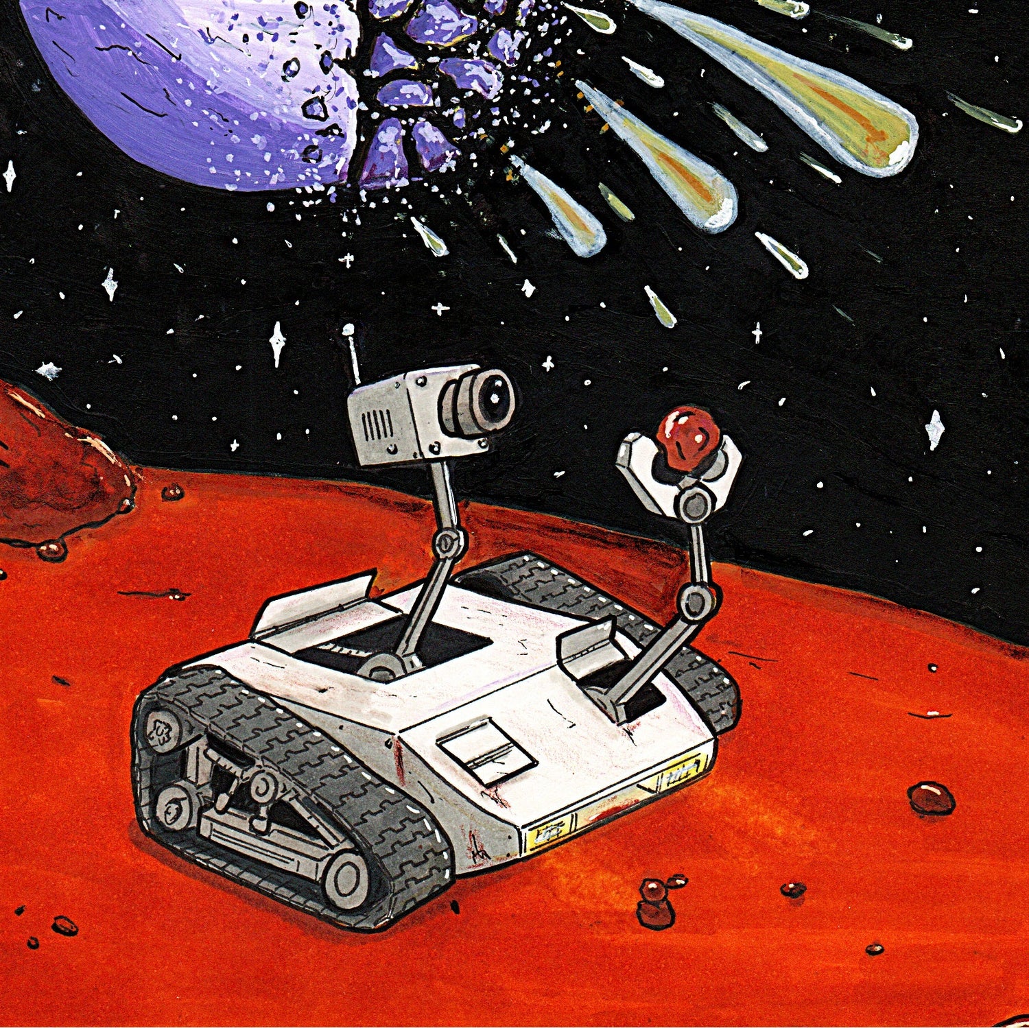 Illustration of a rover on Mars with comets and a purple planet in the background