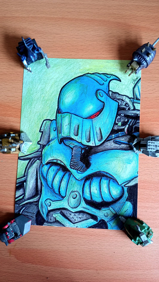 A5 Print of a pen and ink drawing of Sir Killalot from Robot Wars. The print is displayed with Robot Wars house robot minibot toys 